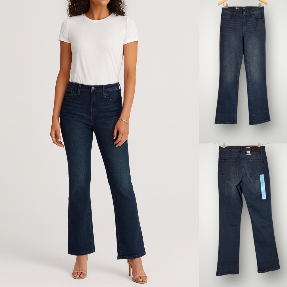 Express High Rise Dark Wash Bootcut Jeans Womens Size 10 Slight Fading Stretch